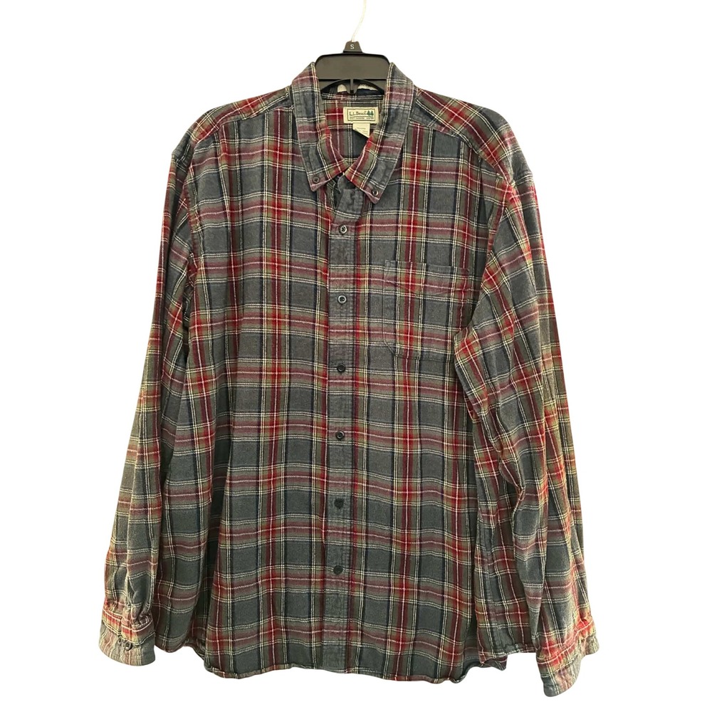 LL Bean Flannel Shirt Mens XXL Red Gray Plaid Traditional Fit Cotton Outdoors